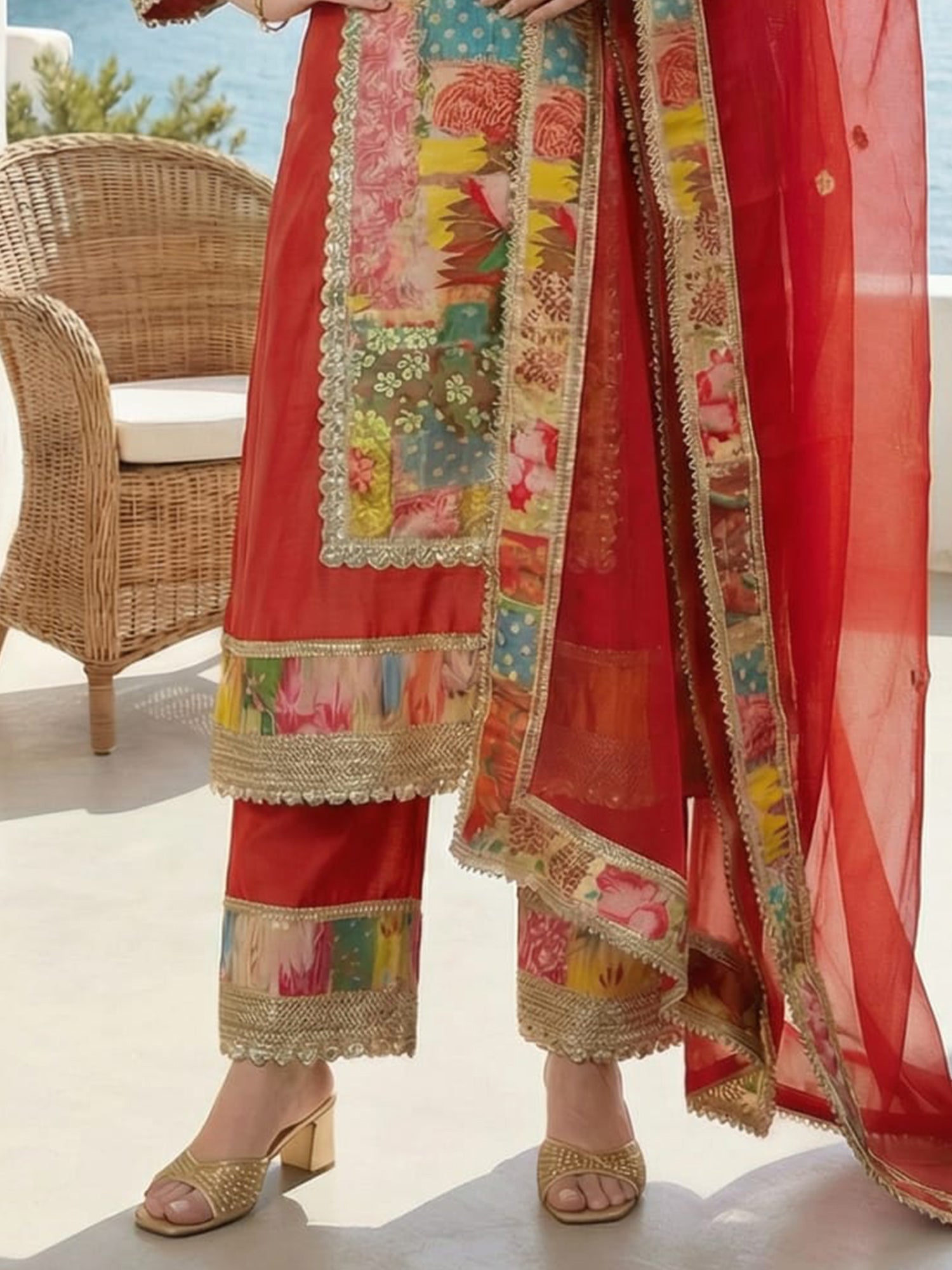 Indo Era Rust Printed A-Line Kurta Palazzos With Dupatta set