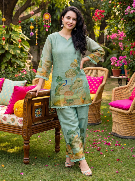 Indo Era Sea Green Printed Straight Kurta Palazzos Set