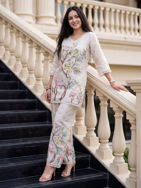 Indo Era Off White Printed Straight Kurta Palazzos Set