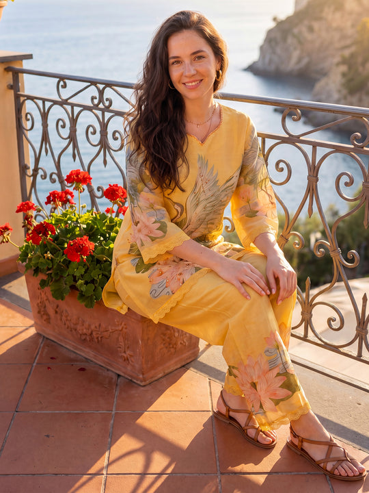 Indo Era Yellow Printed Straight Kurta Palazzos Set