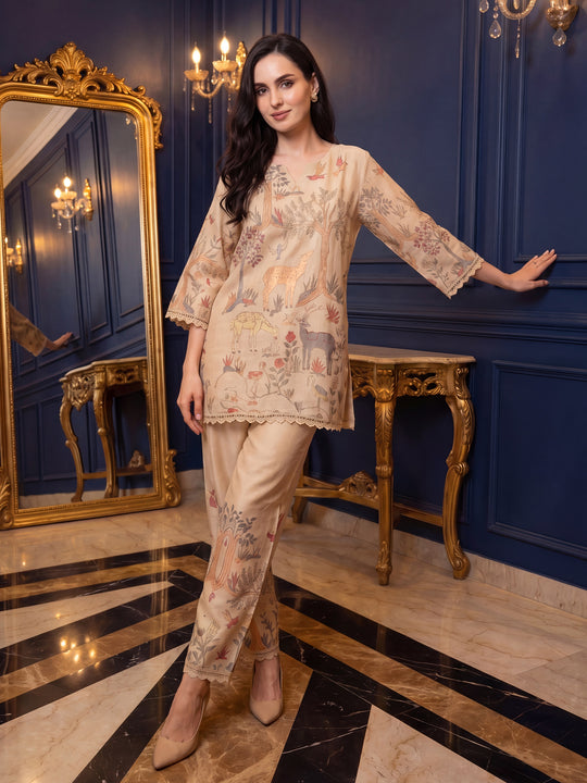 Indo Era Beige Printed Straight Kurta Palazzos Set