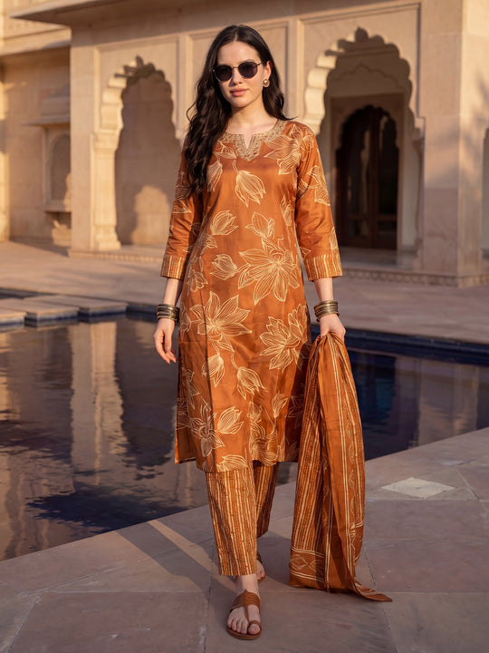 Indo Era Rust Printed Straight Kurta Trousers With Dupatta Set