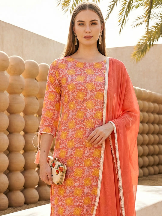 Indo Era Pink Printed Straight Kurta Trouser With Dupatta Set