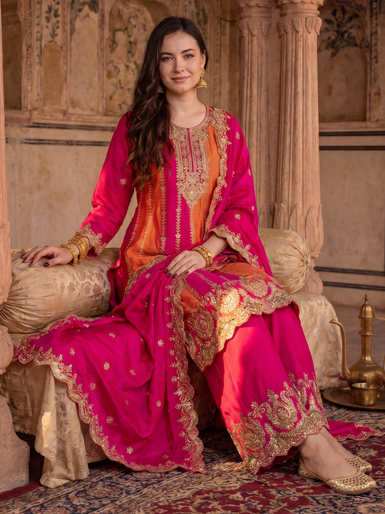 Indo Era Pink Embroidered A-Line Kurta Palazzos With Dupatta Set