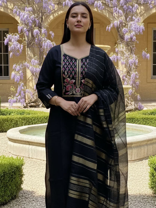 Indo Era Black Yoke Design Straight Kurta Palazzos With Dupatta Set