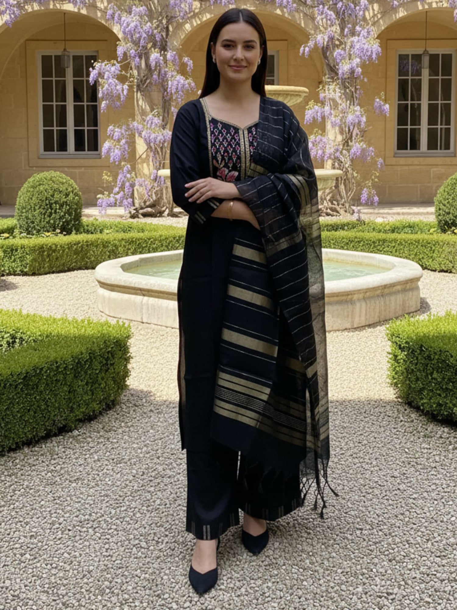 Indo Era Black Yoke Design Straight Kurta Palazzos With Dupatta Set