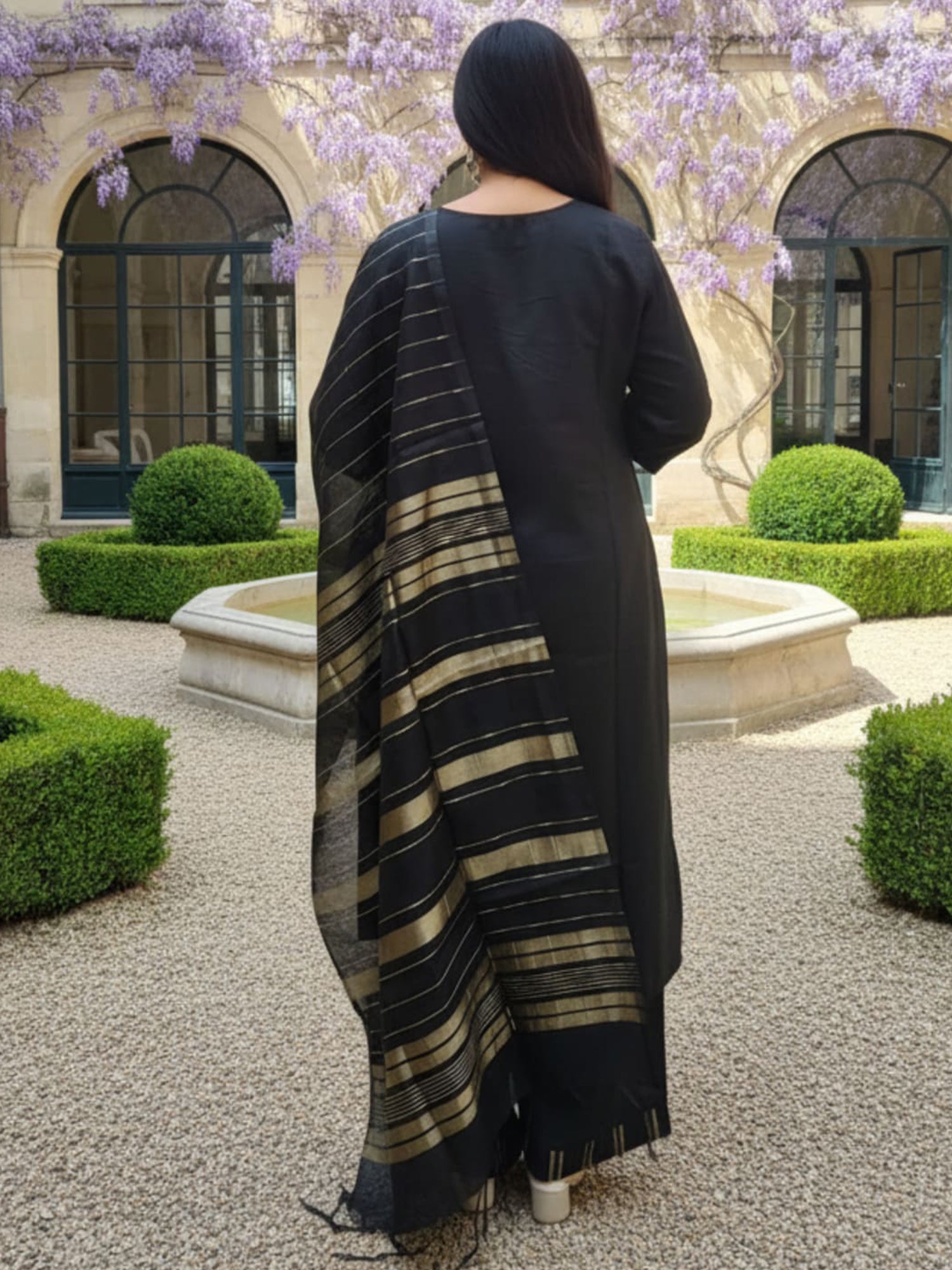 Indo Era Black Yoke Design Straight Kurta Palazzos With Dupatta Set
