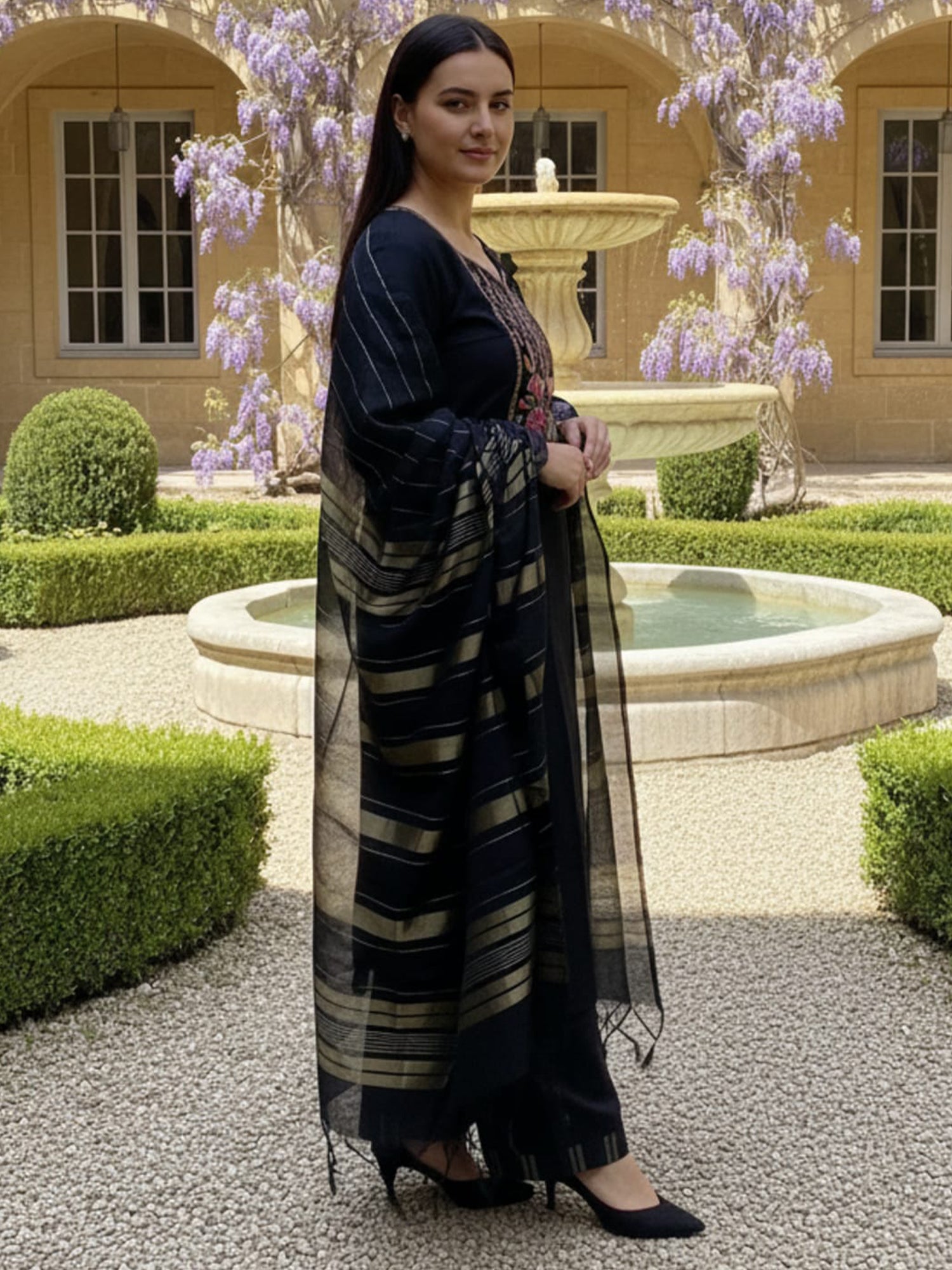 Indo Era Black Yoke Design Straight Kurta Palazzos With Dupatta Set