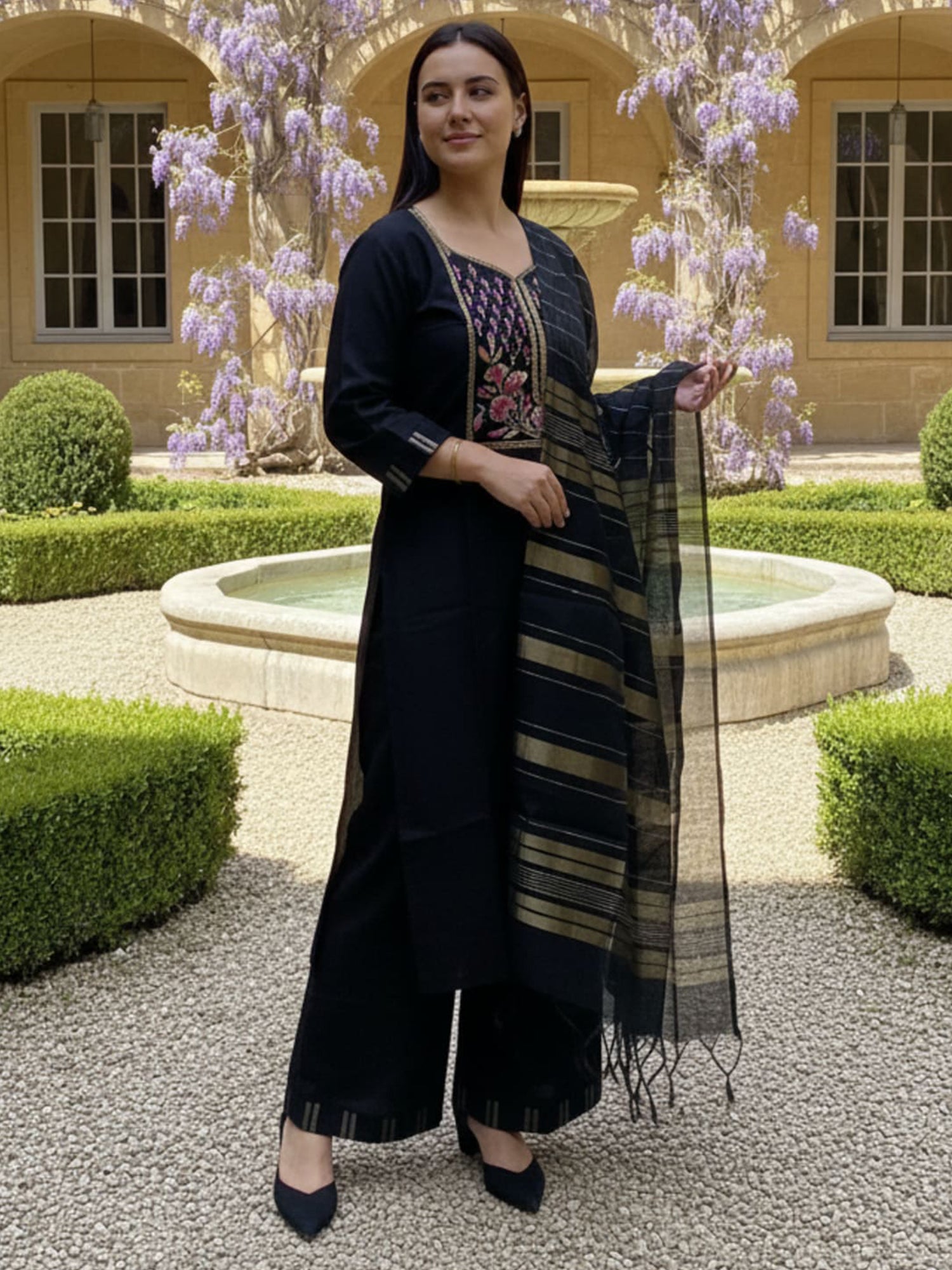 Indo Era Black Yoke Design Straight Kurta Palazzos With Dupatta Set