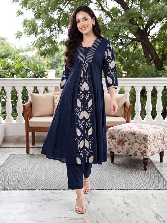 Indo Era Navy Blue Embroidered A-Line Kurta Trousers Set