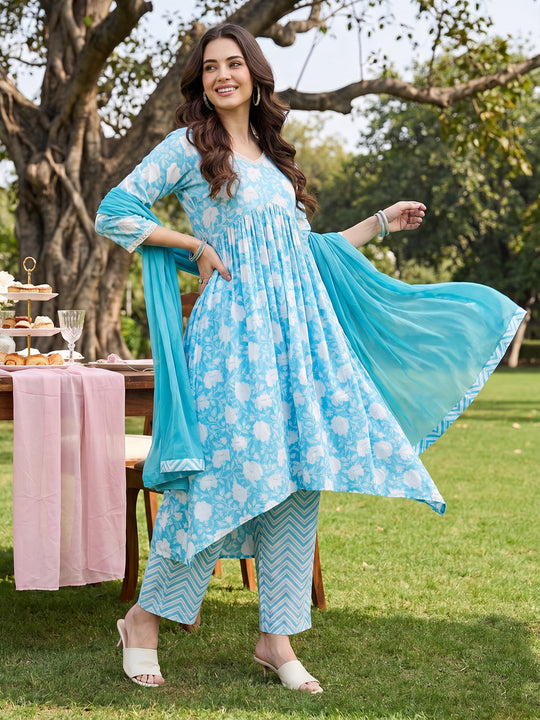 Indo Era Blue Printed A-Line Kurta Trousers With Dupatta set