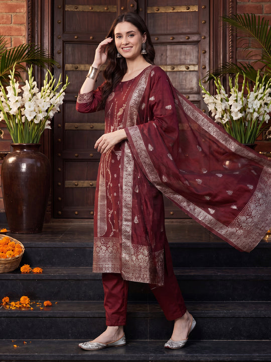 Indo Era Maroon Woven Design Straight Kurta Trousers With Dupatta  Set