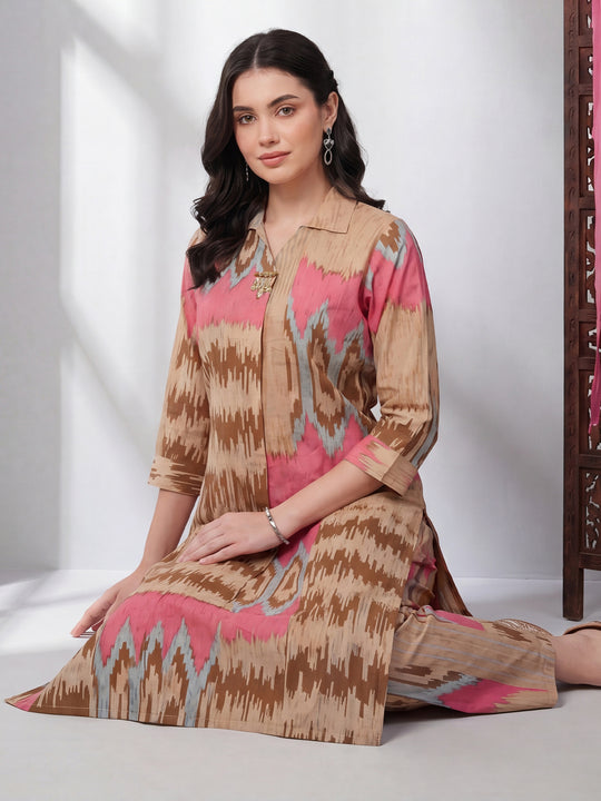 Indo Era Beige Printed A-Line Kurta Trousers Set