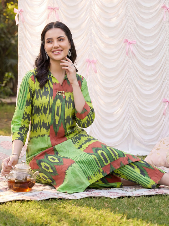 Indo Era Green Printed A-Line Kurta Trousers Set