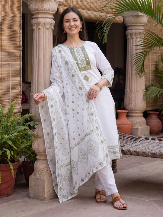 Indo Era White Embroidered Straight Kurta Trousers With Dupatta Set