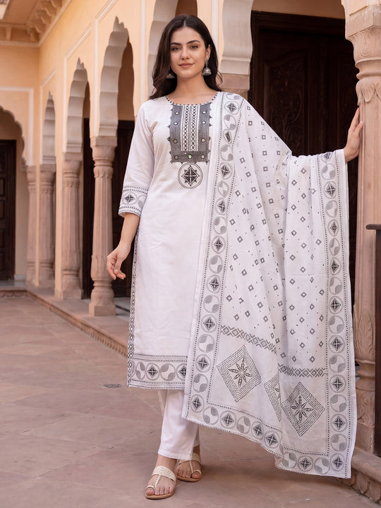 Indo Era White Embroidered Straight Kurta Trousers With Dupatta Set