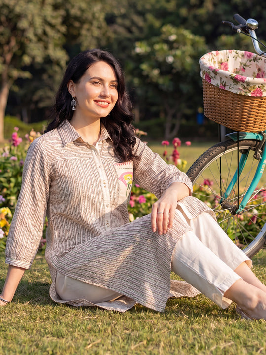 Indo Era Beige Printed Straight Kurta Trousers Set