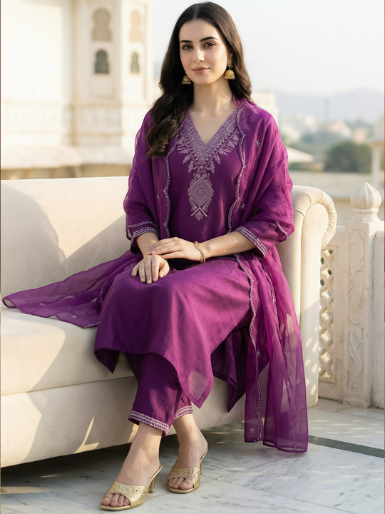 Indo Era Purple yoke design Kurta with Trousers with dupatta