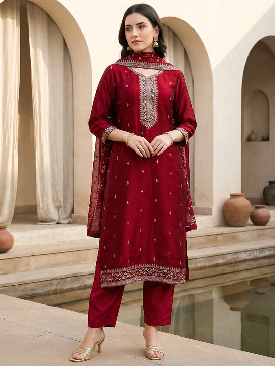Indo Era Maroon Embroidered Straight Kurta Trousers With Dupatta set