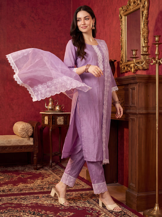Indo Era Lavender Embroidered  Straight Kurta Trousers With Dupatta set