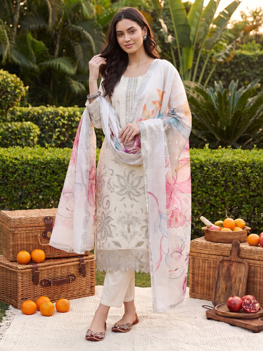 Indo Era Cream Embroidered Straight Kurta Trousers With Dupatta set