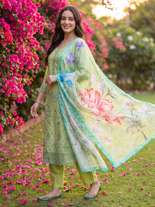 Green Embroidered Straight Kurta Trousers With Dupatta