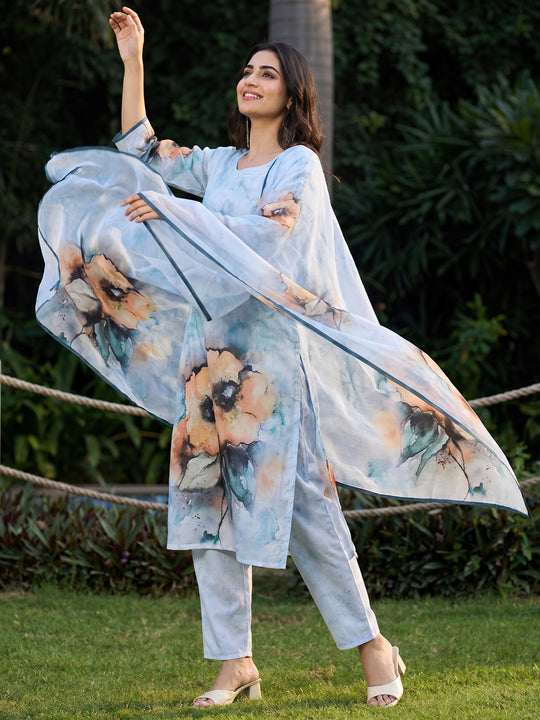 Indo Era Blue Printed Straight Kurta Trousers With Dupatta Set