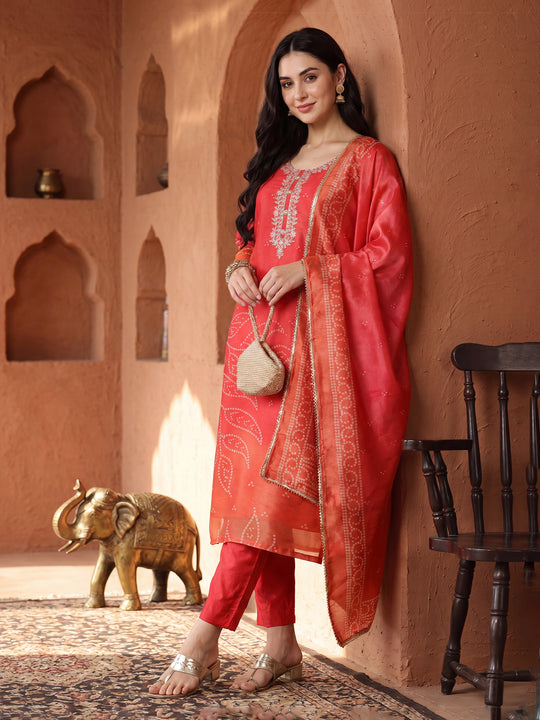 Indo Era Red Printed Straight Kurta Trousers With Dupatta Set