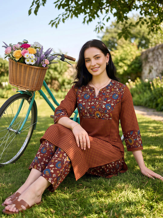 Indo Era Brown Printed Straight Kurta Palazzos Set