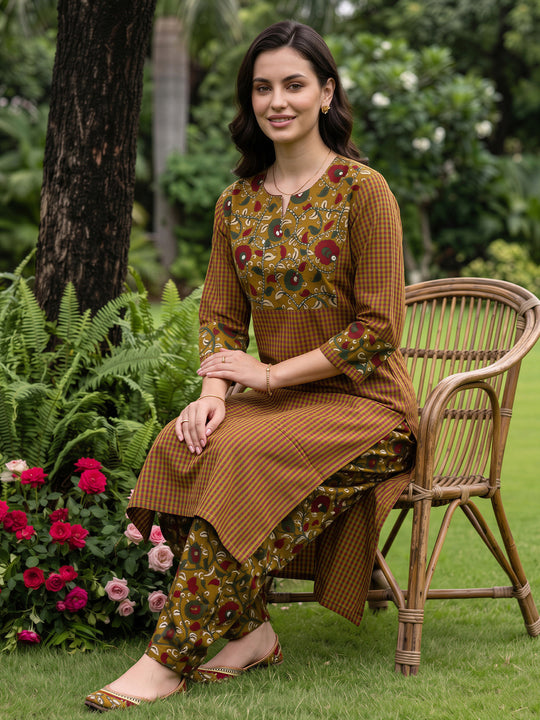 Indo Era Mustard Printed Straight Kurta Palazzos Set
