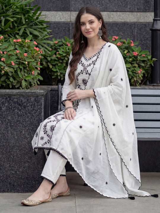 White Embroidered Silk Blend Straight Women Kurta Trouser With Dupatta