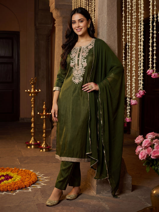 Indo Era Green Embroidered Straight Kurta Trousers With Dupatta Set