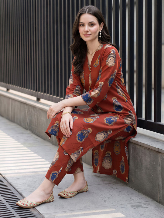 Indo Era Maroon Printed Straight Kurta Trousers Set