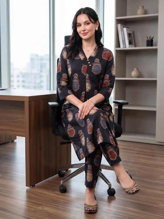 Indo Era Black Printed Straight Kurta Trousers Set