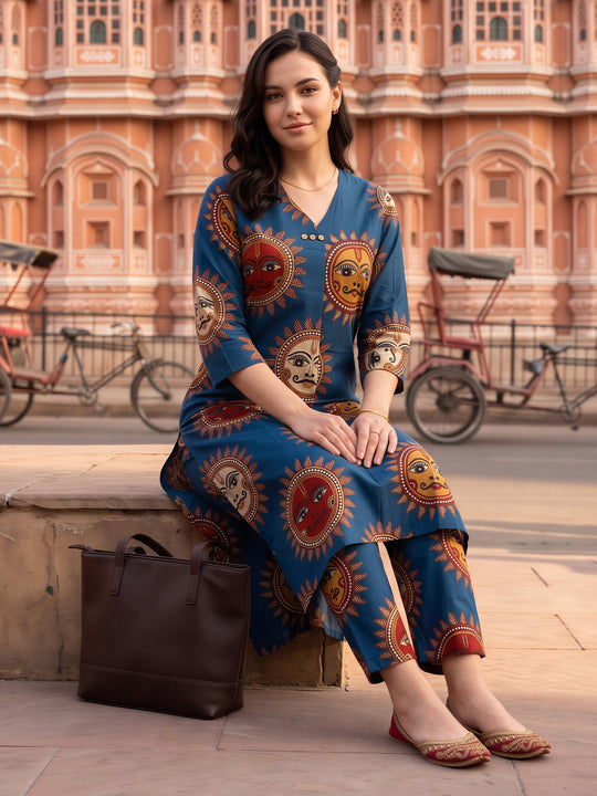 Indo Era Blue Printed Straight Kurta Trousers Set