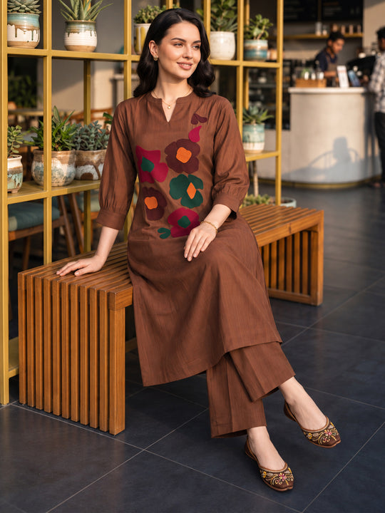 Indo Era Brown Embroidered A-Line Kurta Trousers Set