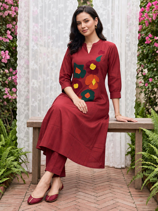 Indo Era Maroon Embroidered A-Line Kurta Trousers Set