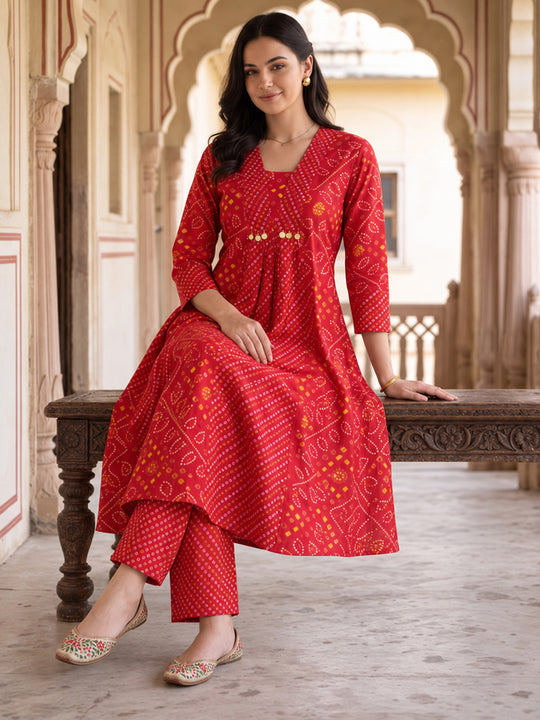 Indo Era Red Printed A-Line Kurta Trousers Set