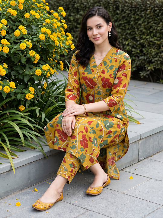 Indo Era Mustard Printed Straight Kurta Trousers Set