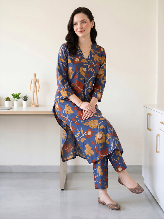 Indo Era Blue Printed Straight Kurta Trousers Set