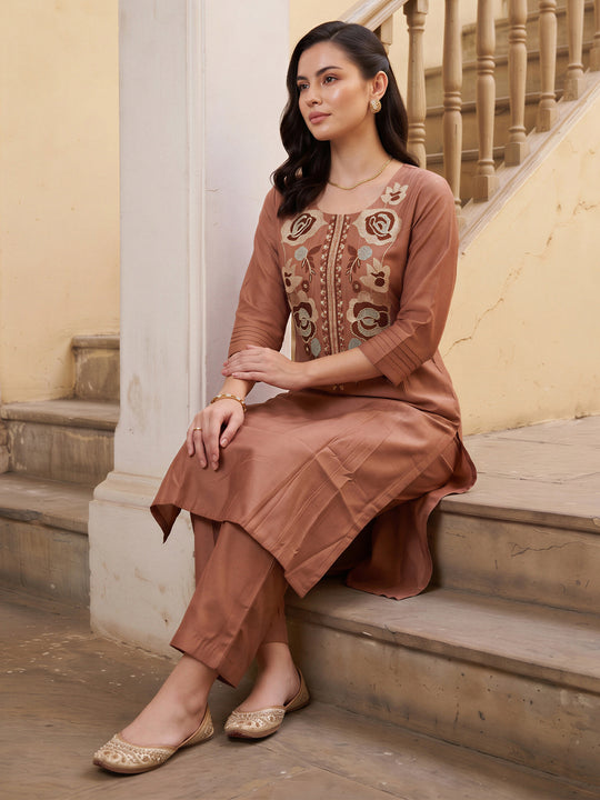 Indo Era Beige Embroidered Straight Kurta Trousers Set
