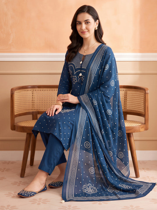 Indo Era Blue Printed Straight Kurta Trousers With Dupatta Set