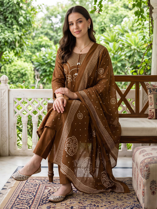 Indo Era Brown Printed Straight Kurta Trousers With Dupatta Set