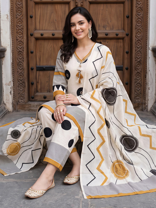 Indo Era Off White Printed Straight Kurta Salwar With Dupatta Set