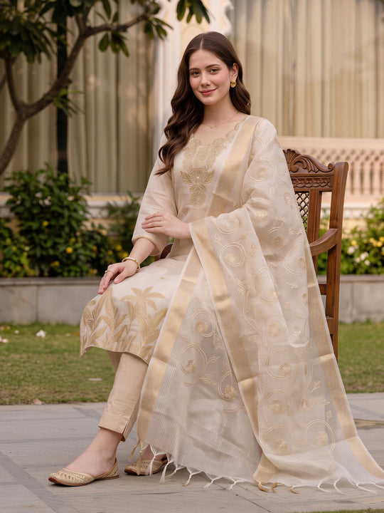 Indo Era Gold Embroidered Straight Kurta Trousers With Dupatta Set