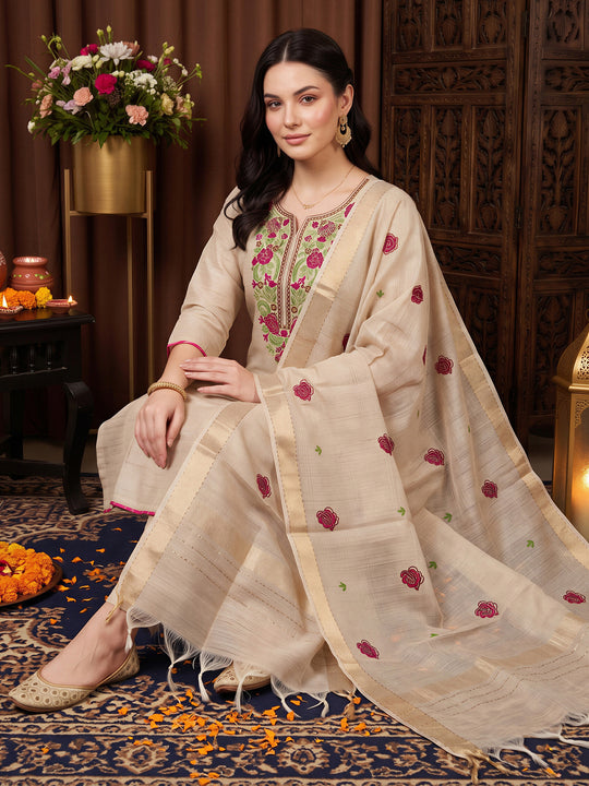 Indo Era Beige Embroidered Straight Kurta Trousers With Dupatta Set