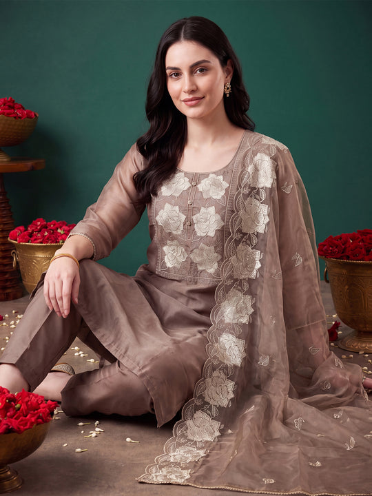 Indo Era Grey Embroidered Straight Kurta Trousers With Dupatta Set