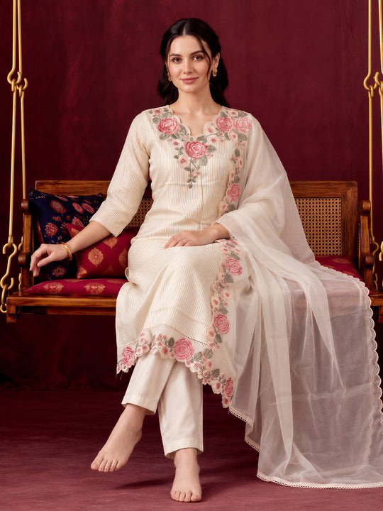 Indo Era White Embroidered Straight Kurta Trousers With Dupatta Set