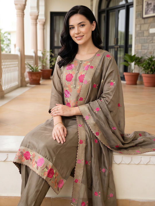 Indo Era Grey Embroidered Straight Kurta Trousers With Dupatta Set