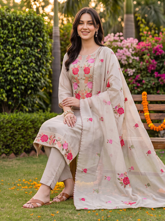 Indo Era Beige Embroidered Straight Kurta Trousers With Dupatta Set